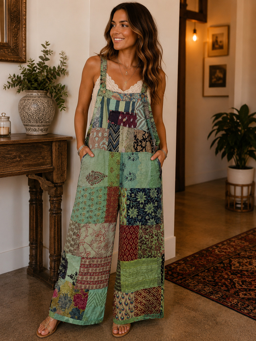 Boho Hippie Cotton Patchwork Jumpsuit with Pockets OS